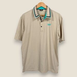 PXG Performance Polo Shirt Men Medium Tan Teal Black Piping Parsons Golf